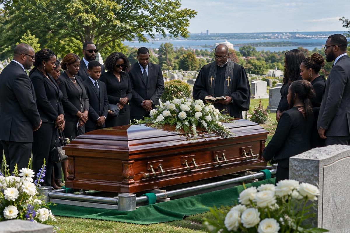 Illustrative graveside burial scene with a Black family gathered around a closed casket