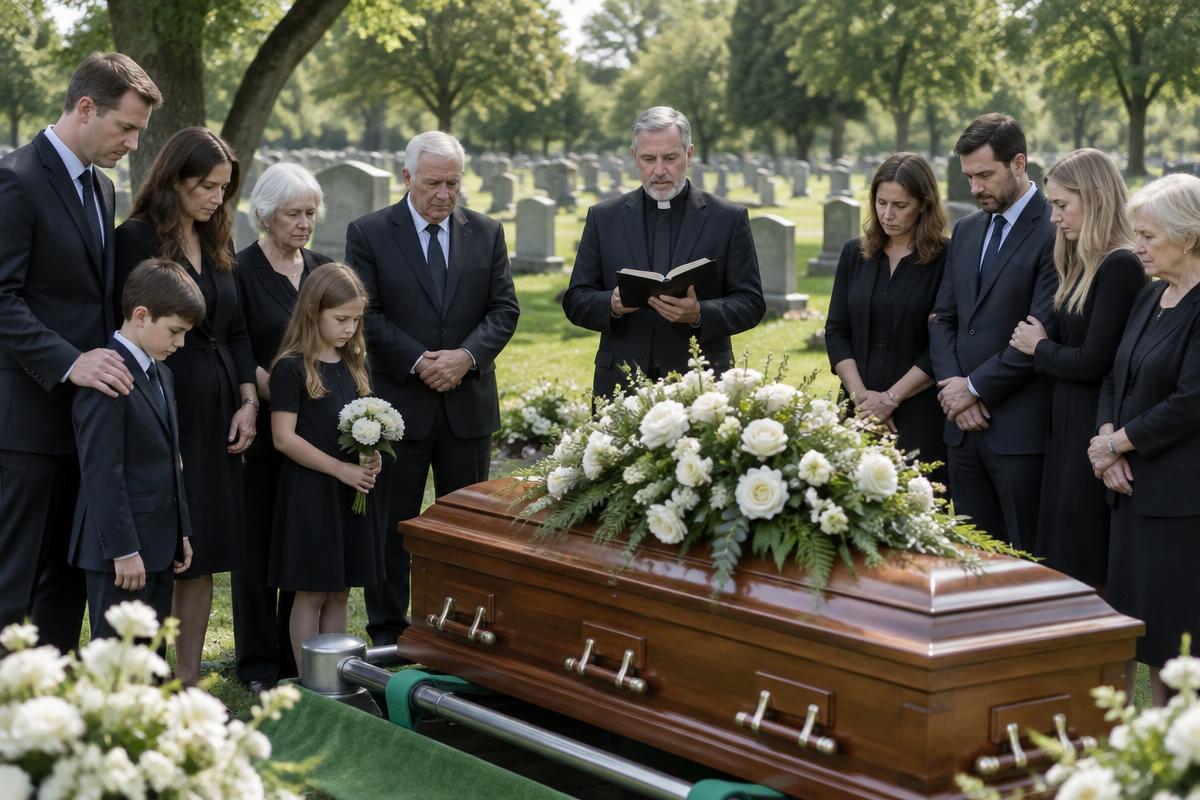 Illustrative graveside burial scene with a white family standing together around a closed casket